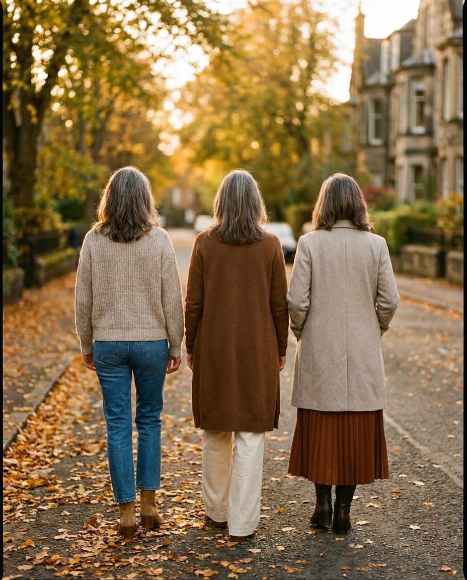 Four women walking on a tree-lined street in autumn, wearing knitwear, trousers and a midi skirt