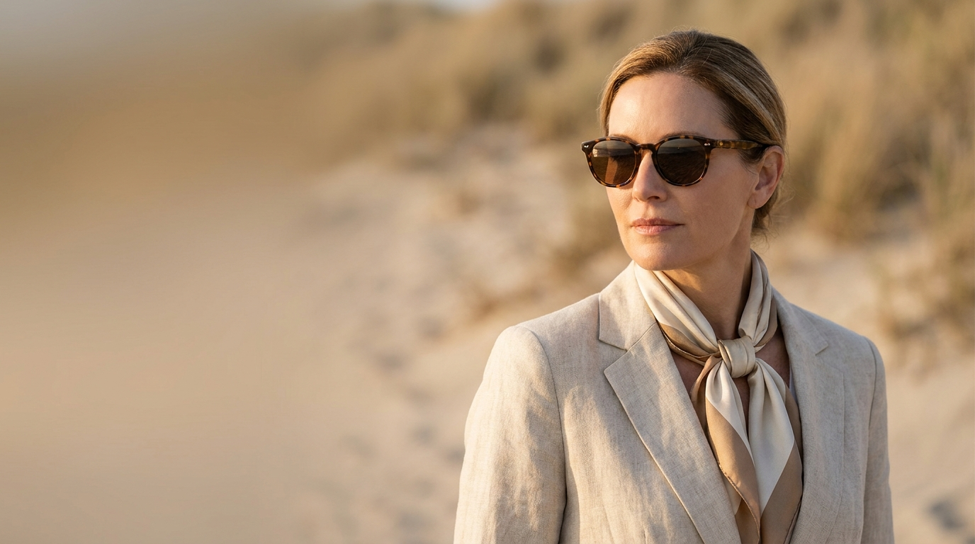 Woman wearing Collins & Carter tortoiseshell sunglasses at the coast