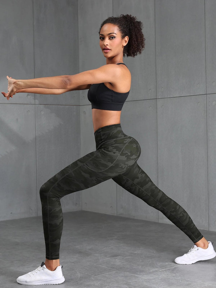 Comfortable Camouflage Leggings for Women with Side Pocket High Waist Tummy Control Workout Style