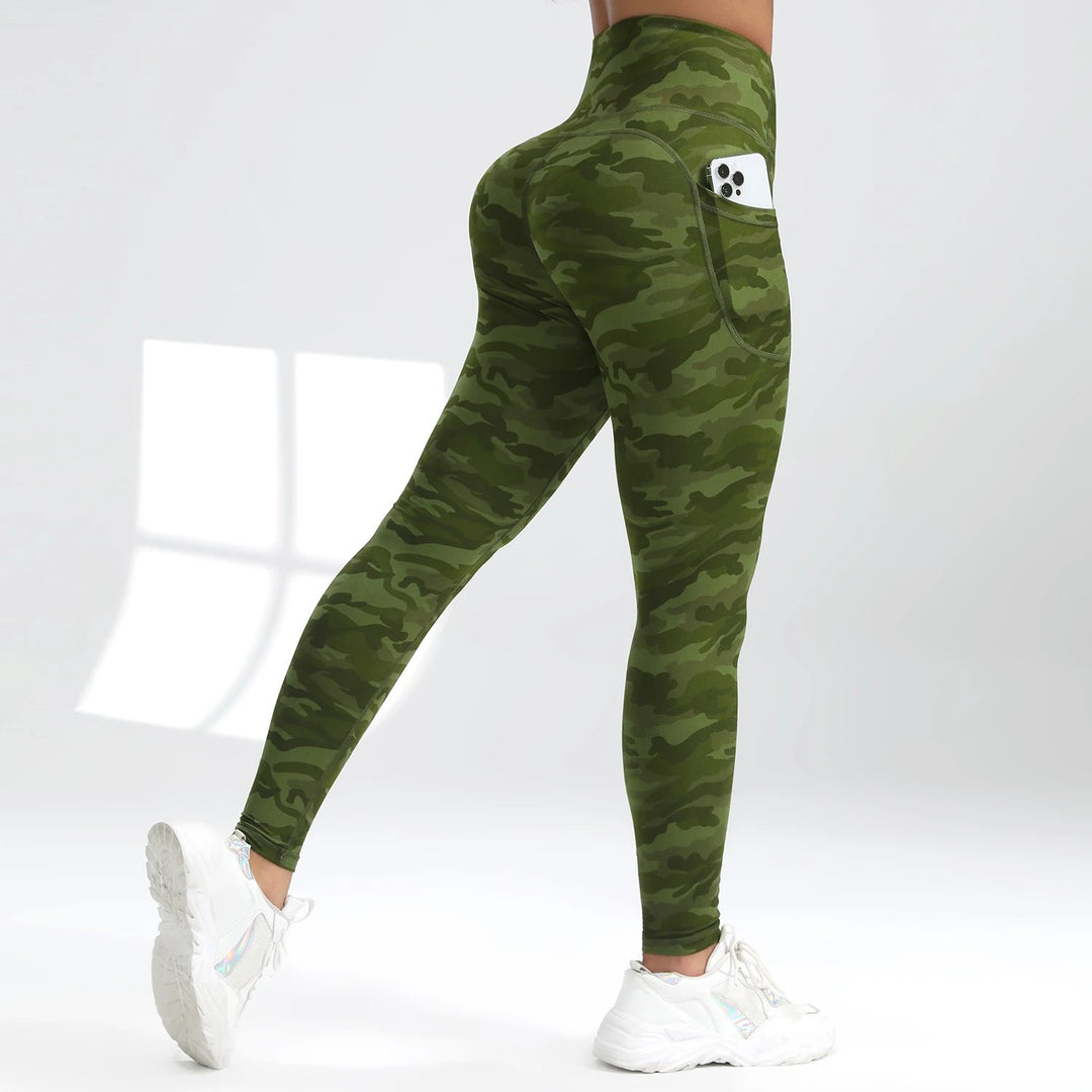 Comfortable Camouflage Leggings for Women with Side Pocket High Waist Tummy Control Workout Style