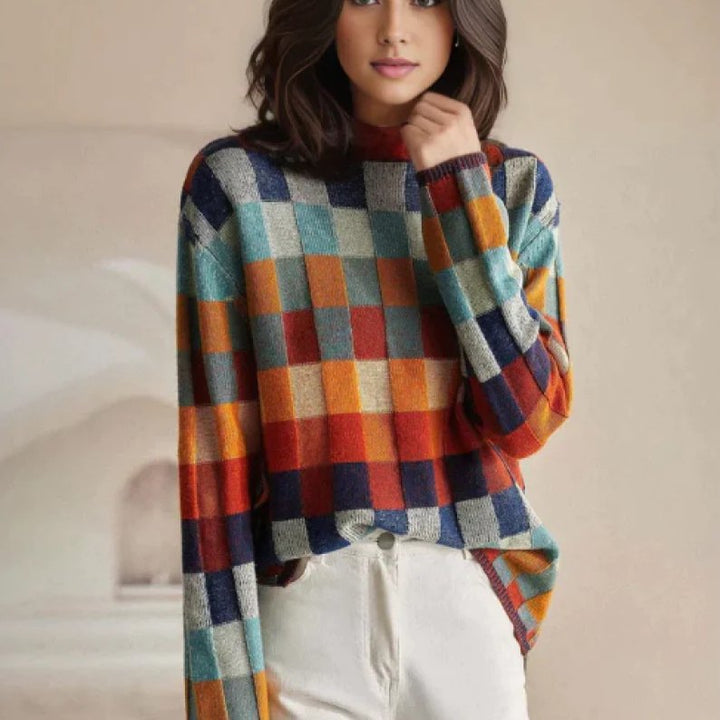 Comfortable Check Print Sweater for Women with Crew Neck Oversized Boxy Soft Knit Style