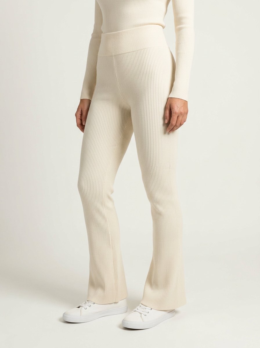 Comfortable Cream Ribbed Flare Leggings for Women with High Waist Vertical Rib Soft Knit Style