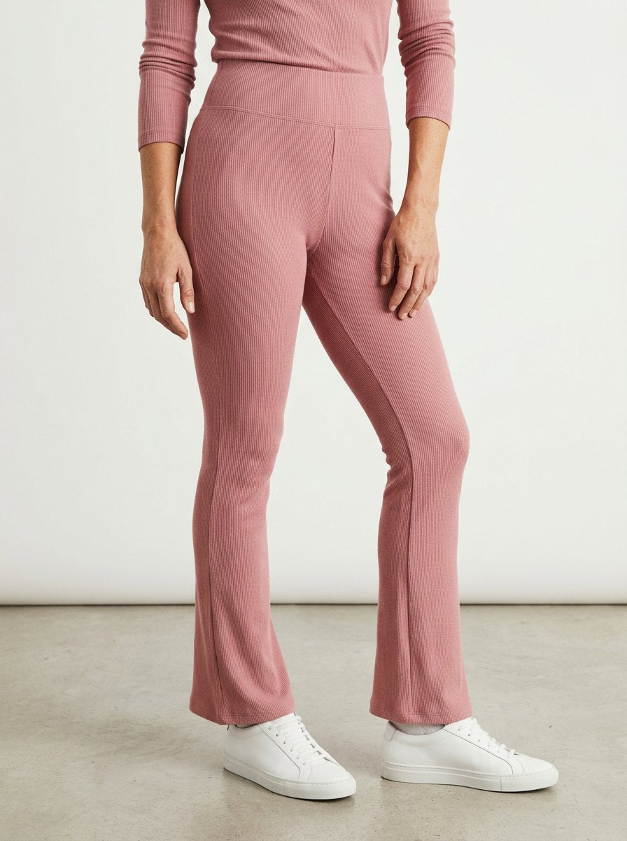Comfortable Dusty Pink Ribbed Flare Leggings for Women with High Waist Vertical Rib Soft Style