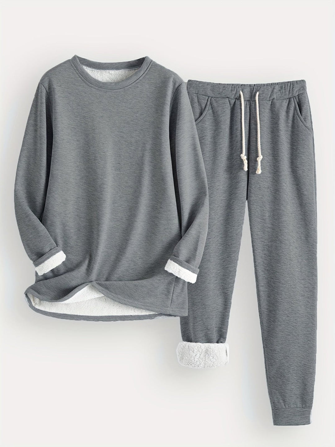 Comfortable Fleece Lined Lounge Set for Women with Crew Neck Sweatshirt Drawstring Jogger Style