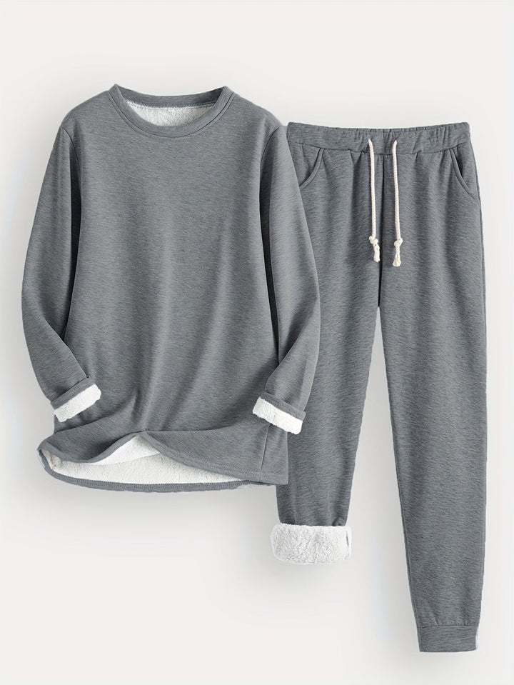 Comfortable Fleece Lined Lounge Set for Women with Crew Neck Sweatshirt Drawstring Jogger Style