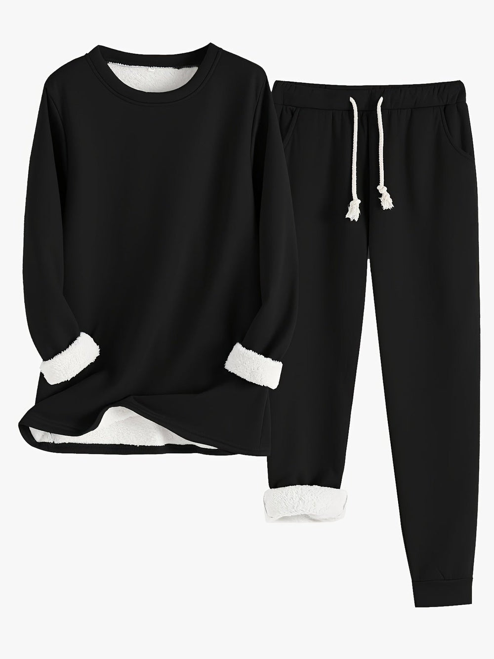 Comfortable Fleece Lined Lounge Set for Women with Crew Neck Sweatshirt Drawstring Jogger Style