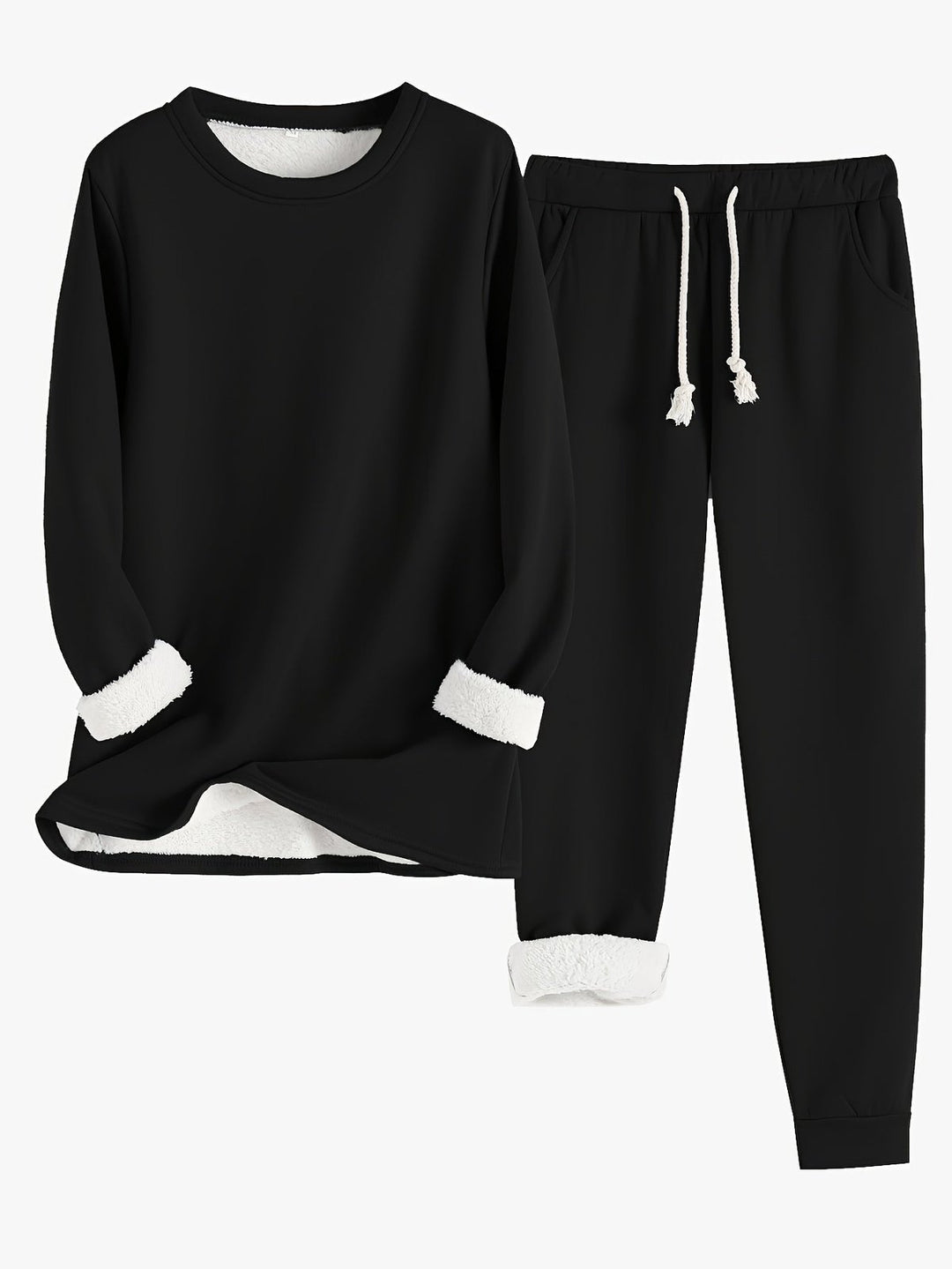 Comfortable Fleece Lined Lounge Set for Women with Crew Neck Sweatshirt Drawstring Jogger Style