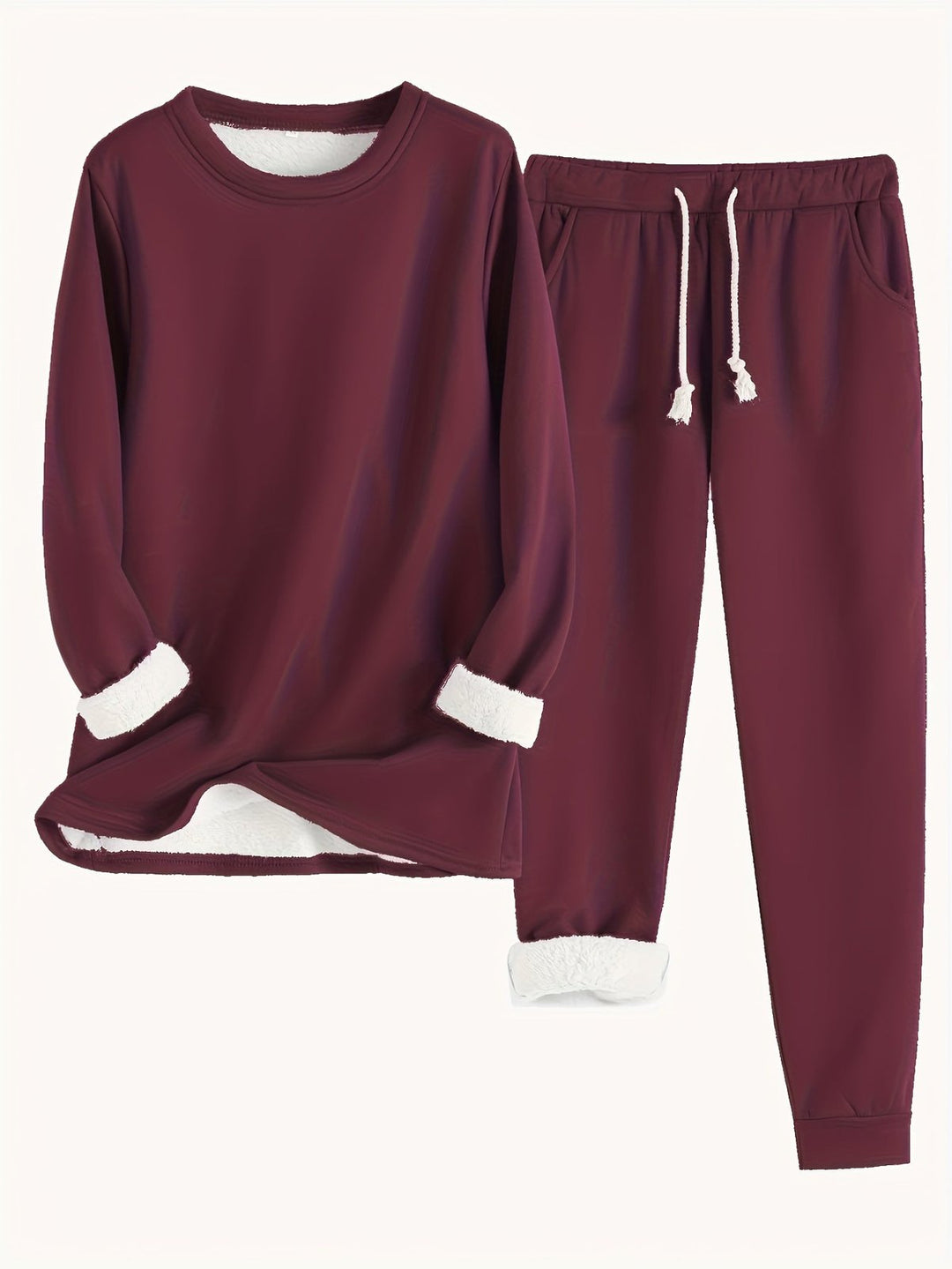Comfortable Fleece Lined Lounge Set for Women with Crew Neck Sweatshirt Drawstring Jogger Style
