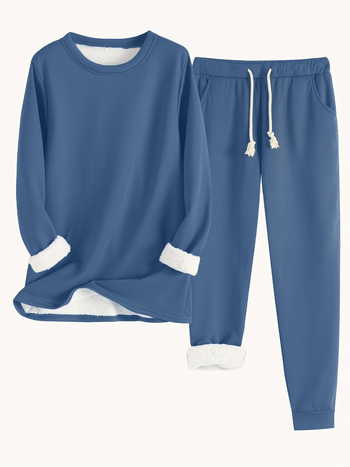 Comfortable Fleece Lined Lounge Set for Women with Crew Neck Sweatshirt Drawstring Jogger Style
