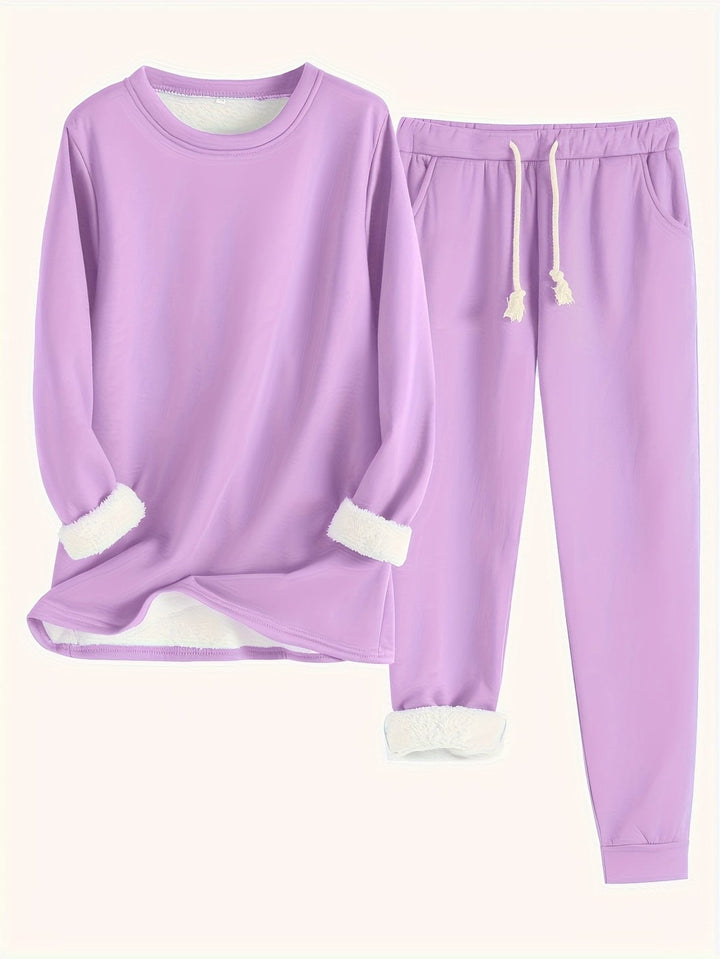 Comfortable Fleece Lined Lounge Set for Women with Crew Neck Sweatshirt Drawstring Jogger Style