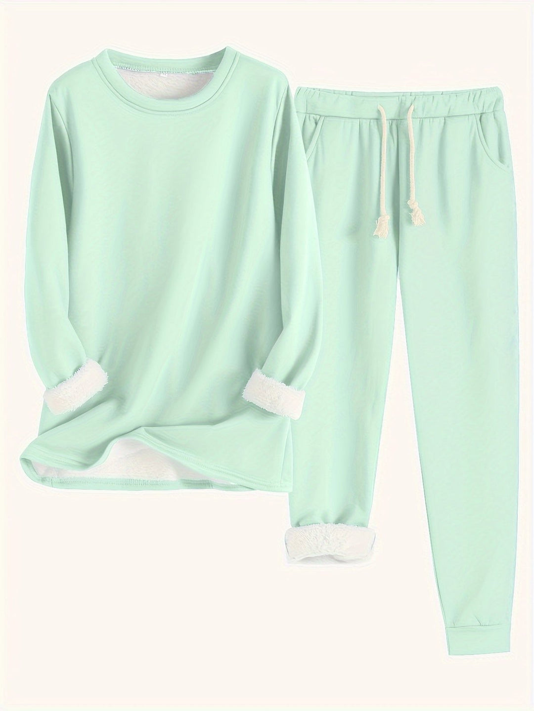 Comfortable Fleece Lined Lounge Set for Women with Crew Neck Sweatshirt Drawstring Jogger Style