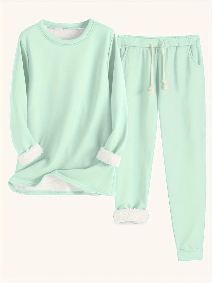Comfortable Fleece Lined Lounge Set for Women with Crew Neck Sweatshirt Drawstring Jogger Style