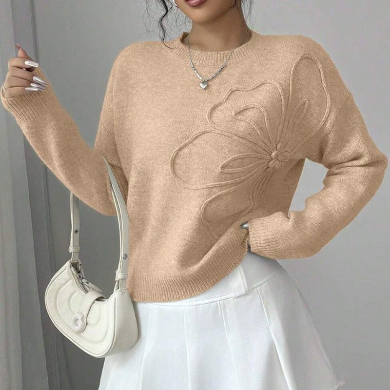 Comfortable Floral Relief Knit Sweater for Women with Crew Neck Soft Texture Relaxed Style