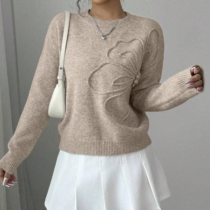 Comfortable Floral Relief Knit Sweater for Women with Crew Neck Soft Texture Relaxed Style