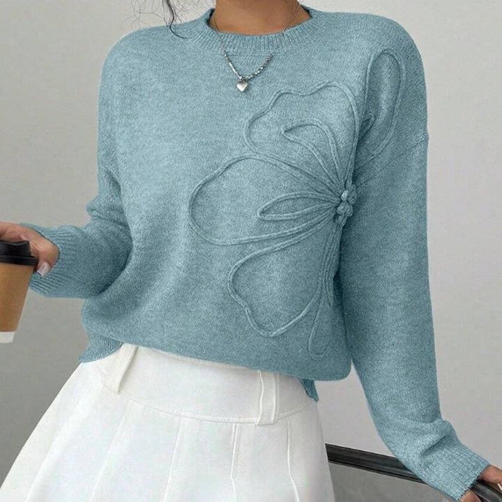 Comfortable Floral Relief Knit Sweater for Women with Crew Neck Soft Texture Relaxed Style