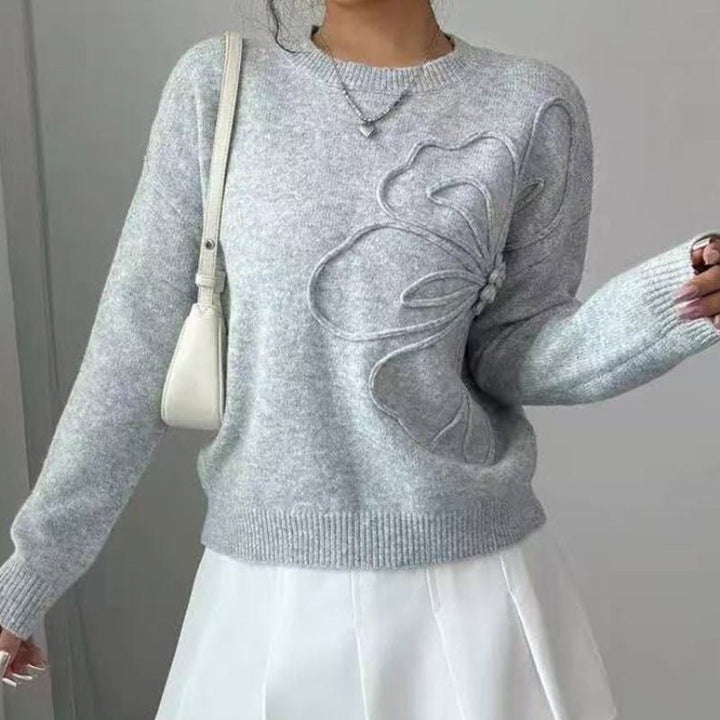 Comfortable Floral Relief Knit Sweater for Women with Crew Neck Soft Texture Relaxed Style