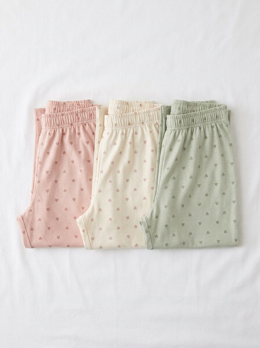 Comfortable Heart Motif Lounge Pants Three Pack for Women with Elastic Waist Soft Jersey Style