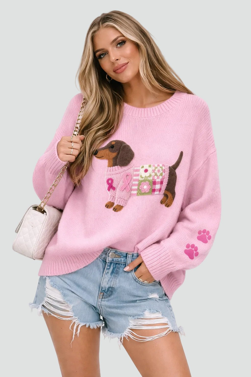 Comfortable Knit Crew Neck Sweater for Women with Embroidered Motif Oversized Soft Relaxed Style