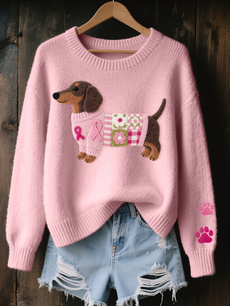 Comfortable Knit Crew Neck Sweater for Women with Embroidered Motif Oversized Soft Relaxed Style