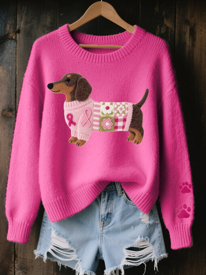 Comfortable Knit Crew Neck Sweater for Women with Embroidered Motif Oversized Soft Relaxed Style