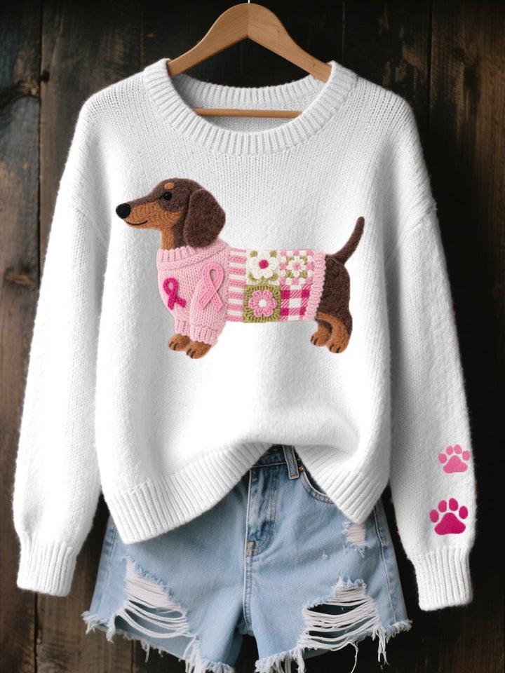 Comfortable Knit Crew Neck Sweater for Women with Embroidered Motif Oversized Soft Relaxed Style