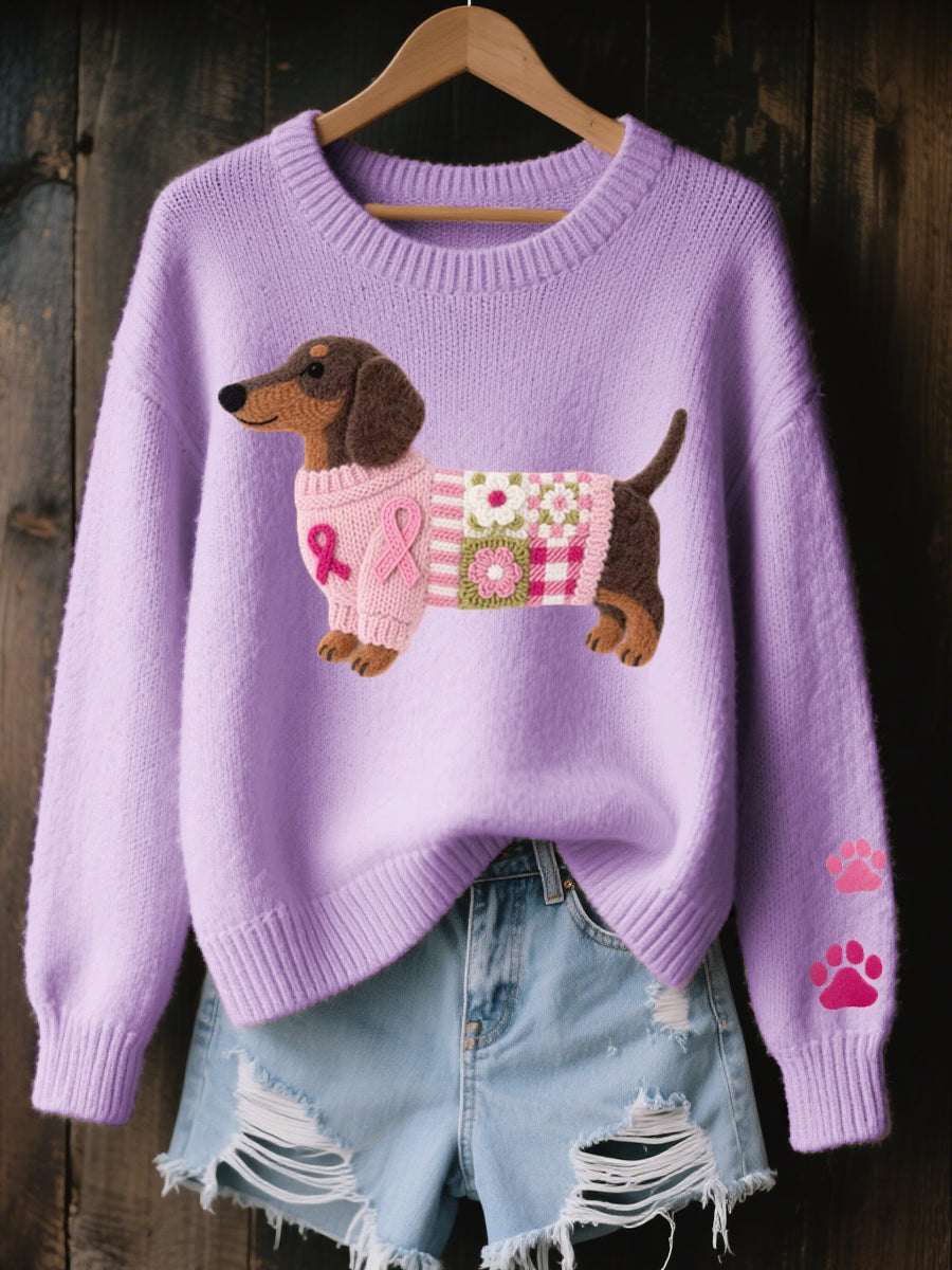 Comfortable Knit Crew Neck Sweater for Women with Embroidered Motif Oversized Soft Relaxed Style