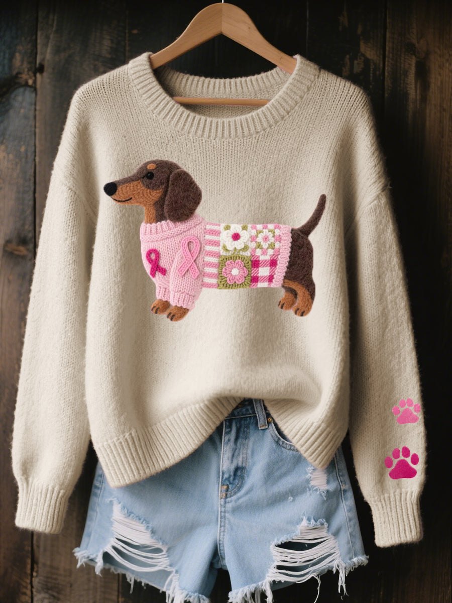 Comfortable Knit Crew Neck Sweater for Women with Embroidered Motif Oversized Soft Relaxed Style