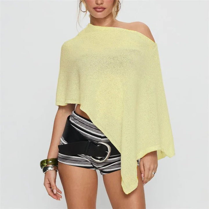 Comfortable Knit Poncho for Women with Asymmetric Hem Off Shoulder Shawl Wrap Sweater Style