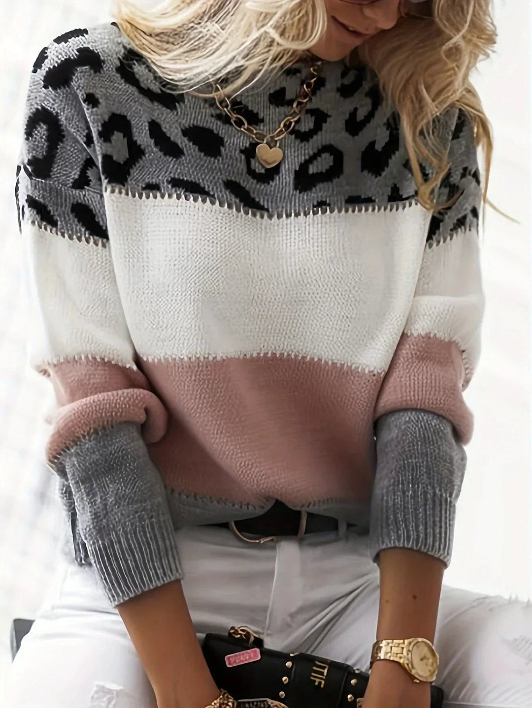Comfortable Leopard Colorblock Sweater for Women with Crew Neck Soft Warm Relaxed Knit Style