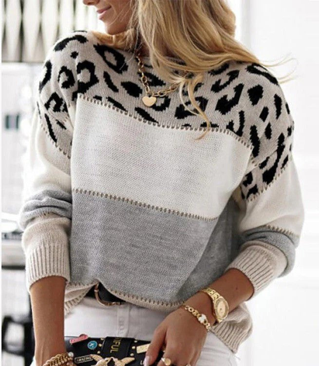 Comfortable Leopard Colorblock Sweater for Women with Crew Neck Soft Warm Relaxed Knit Style