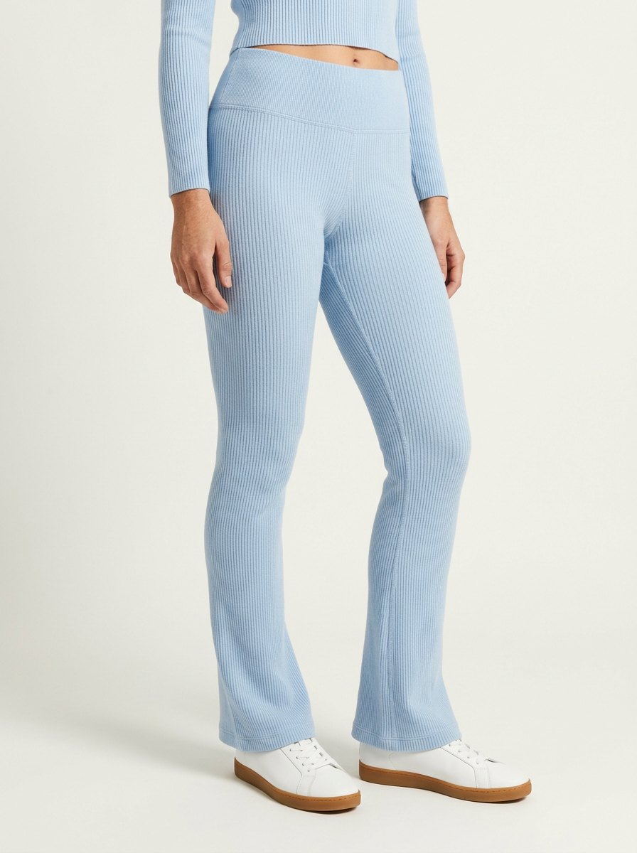Comfortable Light Blue Ribbed Flare Leggings for Women with High Waist Vertical Rib Stretch Style