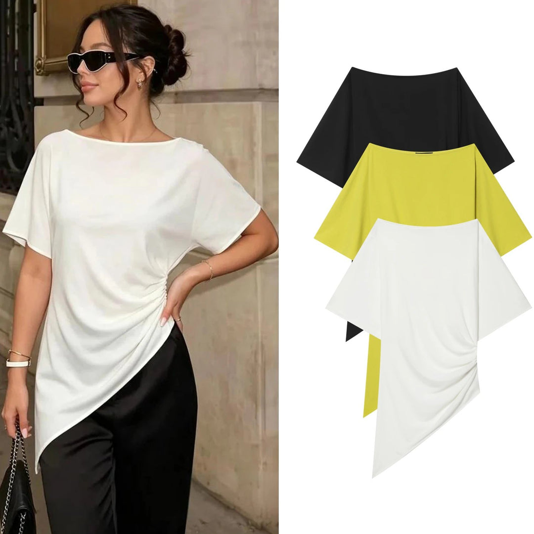Effortless Asymmetric Poncho Top for Women with Boat Neck Short Sleeve Solid Pullover Style