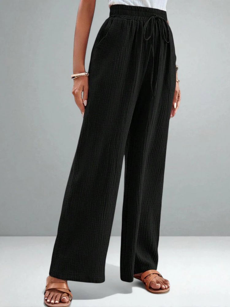 Effortless Black Linen Wide Leg Pants for Women with Drawstring Waist Breathable Relaxed Style