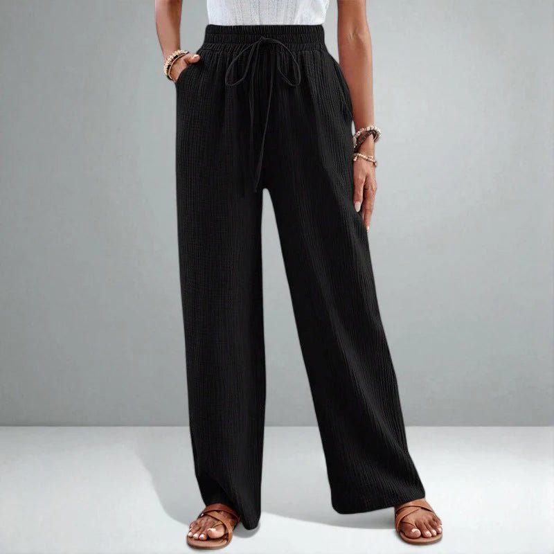 Effortless Black Linen Wide Leg Pants for Women with Drawstring Waist Breathable Relaxed Style
