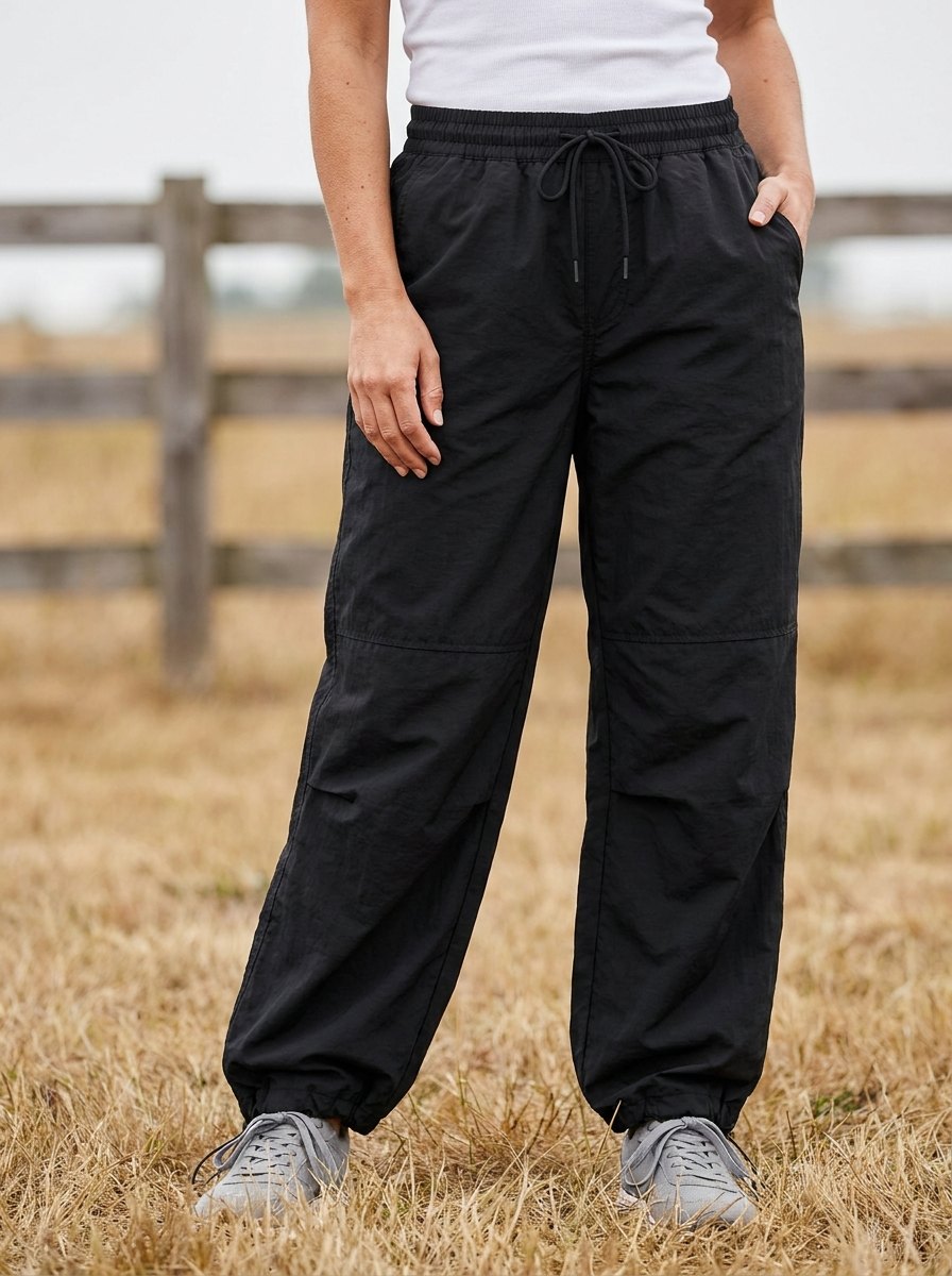 Effortless Black Parachute Cargo Joggers for Women with Drawstring Waist Cuffed Hem Relaxed Style