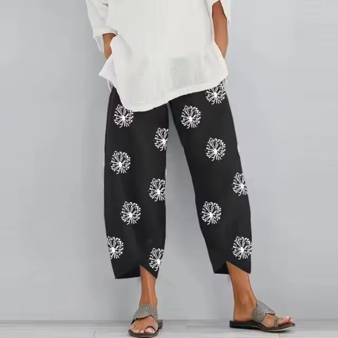 Effortless Black Print Wide Leg Pants for Women with High Waist Elastic Cropped Hem Relaxed Style