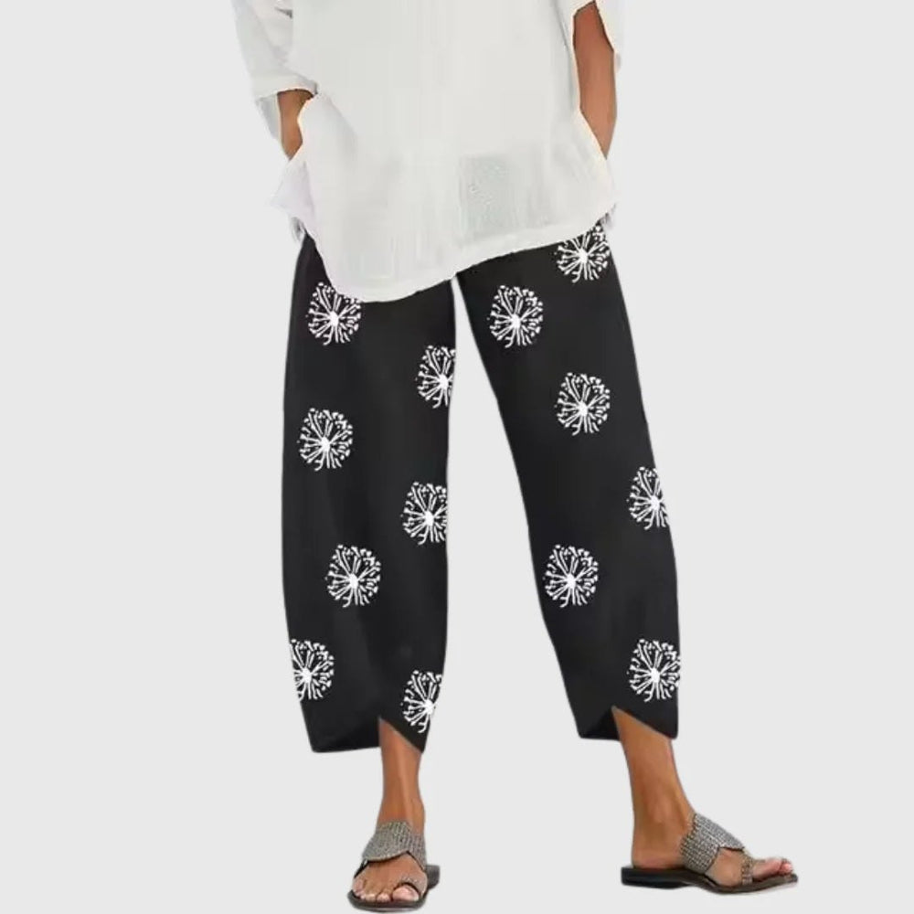 Effortless Black Print Wide Leg Pants for Women with High Waist Elastic Cropped Hem Relaxed Style