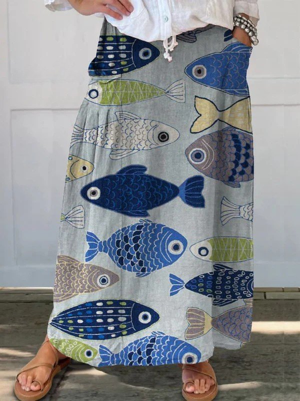 Effortless Blue Print Skirt for Women with Elastic Waist Side Pocket Relaxed Vintage Style