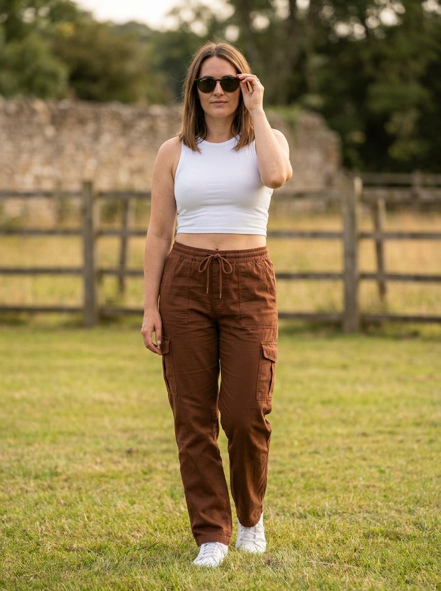 Effortless Brown Cargo Pants for Women with Drawstring Waist Flap Pocket Straight Leg Style