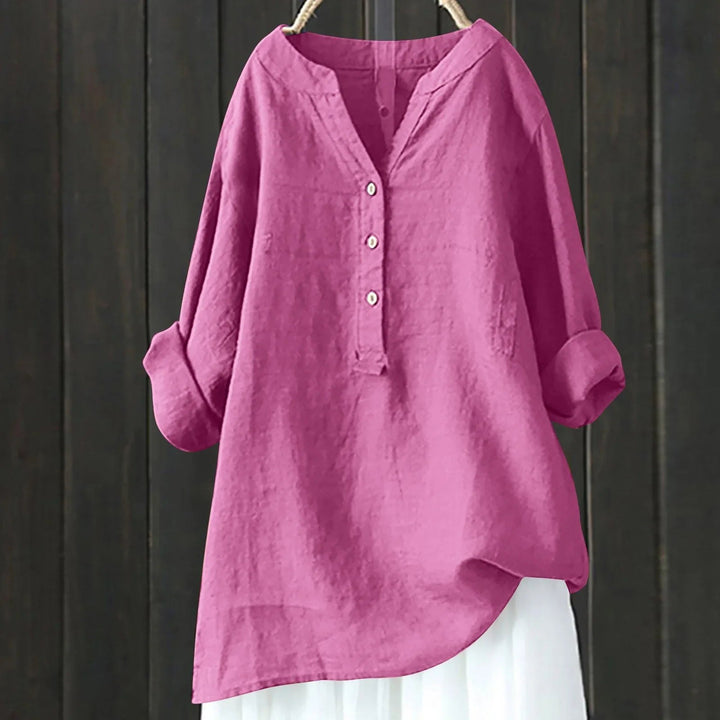 Effortless Cotton Linen Tunic Shirt for Women with V Neck Button Placket Loose Flowy Style