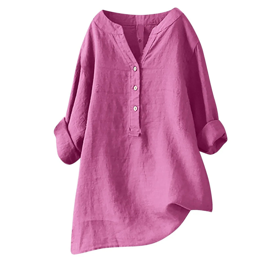 Effortless Cotton Linen Tunic Shirt for Women with V Neck Button Placket Loose Flowy Style