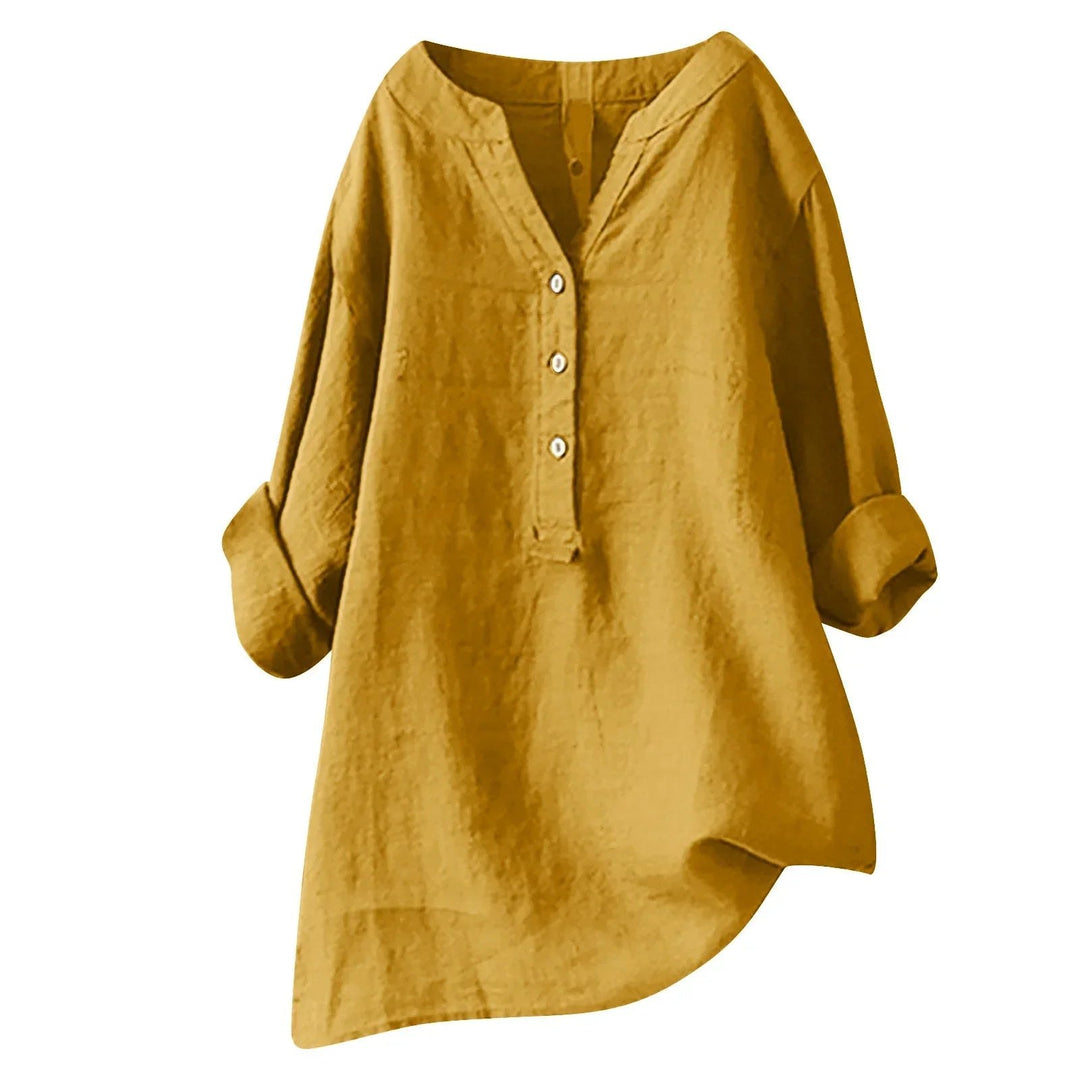 Effortless Cotton Linen Tunic Shirt for Women with V Neck Button Placket Loose Flowy Style