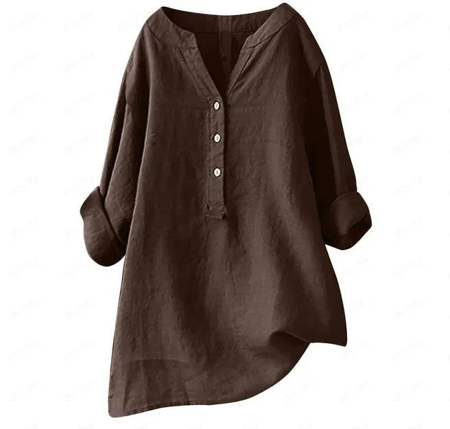 Effortless Cotton Linen Tunic Shirt for Women with V Neck Button Placket Loose Flowy Style