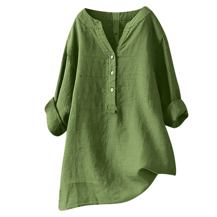 Effortless Cotton Linen Tunic Shirt for Women with V Neck Button Placket Loose Flowy Style