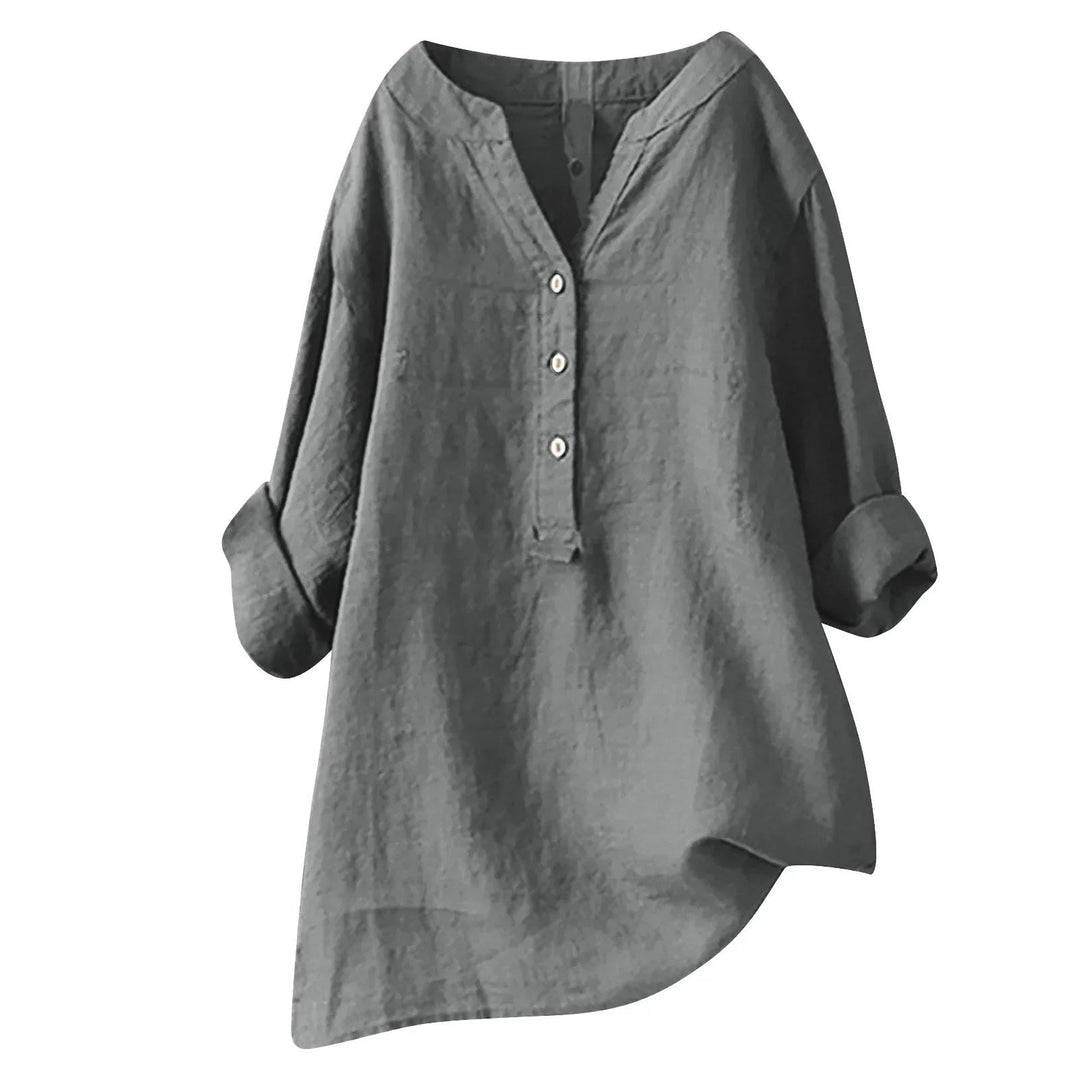 Effortless Cotton Linen Tunic Shirt for Women with V Neck Button Placket Loose Flowy Style