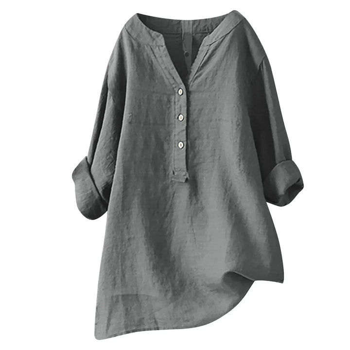 Effortless Cotton Linen Tunic Shirt for Women with V Neck Button Placket Loose Flowy Style