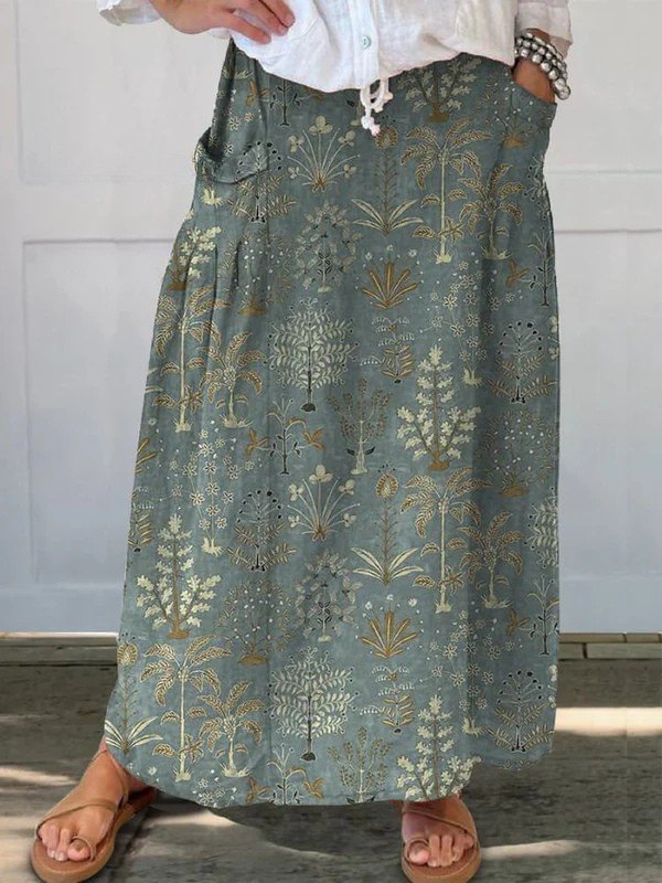 Effortless Dark Green Print Skirt for Women with Elastic Waist Pocket Relaxed Woodland Style