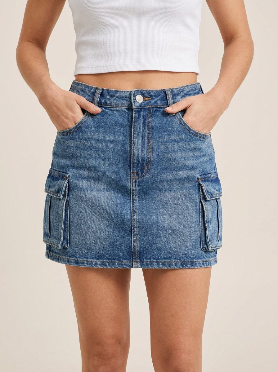 Effortless Denim Cargo Mini Skirt for Women with Flap Pocket Button Waist Washed Blue Style
