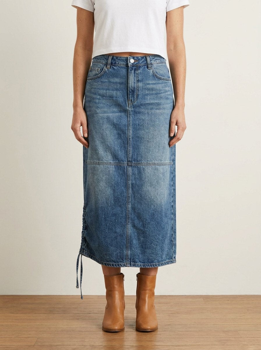 Effortless Denim Midi Skirt for Women with Drawstring Hem Panel Seam Relaxed Washed Style
