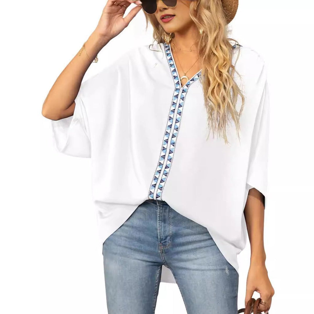 Effortless Embroidered Tunic for Women with V Neck Oversized Geometric Trim Bohemian Style